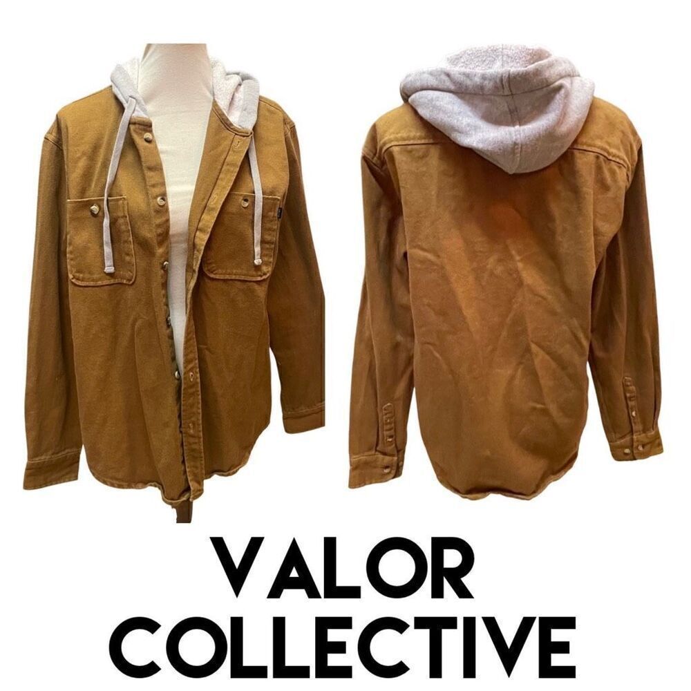 Valor Collective Canvas Denim Tan Button Down Jacket With Gray Hood Size Medium-